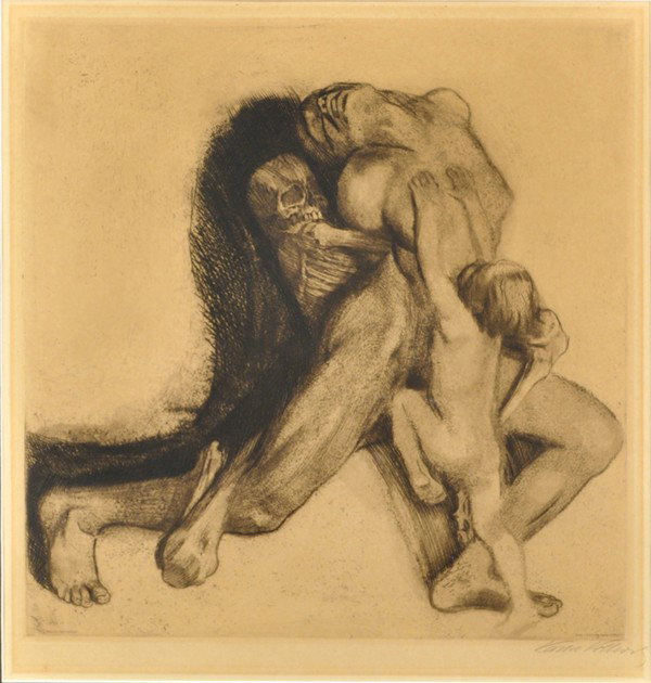 Lithograph, Kathe Kollwitz, Todt Packt Eine Frau: Framed lithograph, ''Tod und Frau,'' 1910, by Kathe Kollwitz (German, 1867-1945), signed in pencil ''Kathe Kollwitz'' lower right, sight: 17.1''h x 17.3''w