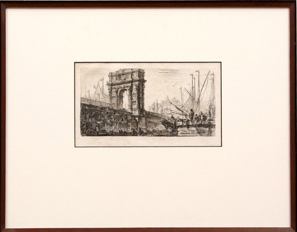 Etchings, Giovanni Battista Piranes, Italy: (Lot of 3) Framed etchings, Italian Landscape Scenes, after Giovanni Battista Piranesi (Italian, 1720-1778), both signed within plates, and ''Paysage D'Italie'', after Corot, engraved by A. Cadart (Pa