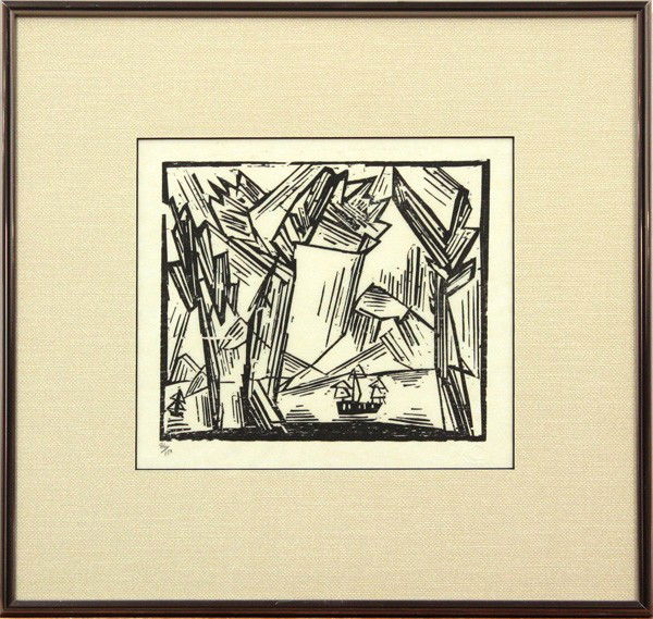 Woodcut, Lyonel Feininger, Tahiti: Framed woodcut on blindstamped paper, ''Tahiti'', 1918, by Lyonel Feininger (American, 1871-1956), numbered edition of 100 lower left, published by Associated American Artists, 1964, information label