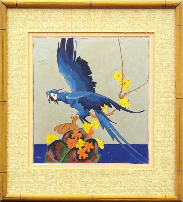 Pair of gouaches, Stark Davis, Parrots: Pair of framed gouaches on paper, ''Blue Parrot'' and ''Red Parrot'', by Stark (Winthrop Stark) Davis (Californian, 1885-1950), each initialed ''SD'' lower left/right, image: (each): 11.75''h x 10.75'