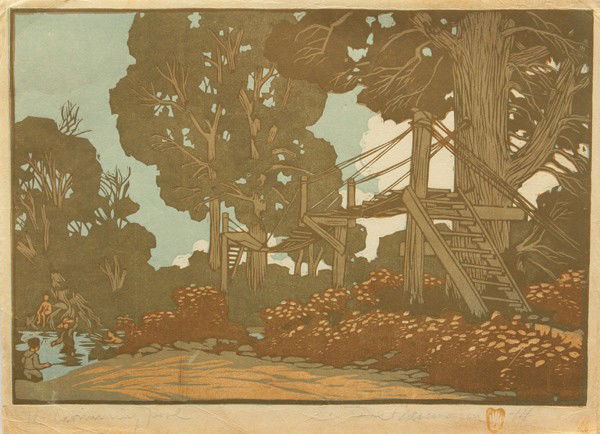 Print, Gustave Baumann, The Swimming Pool: Unframed woodcut print, ''The Swimming Pool'', by Gustave Baumann (German/American, 1881-1971), signed in pencil ''Gustave Baumann'' lower right center, atrists stamp lower right, number 14, titled in
