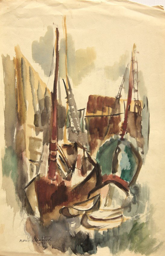 Works on paper by Boris Deutsch: (lot of 10) Unframed works on paper, Abstracts, Portraits, Figures, and Landscapes, by Boris Deutsch (Californian, 1892-1978), most signed and dated, circa 1920s-1970s, largest overall: 18''h x 12.5''