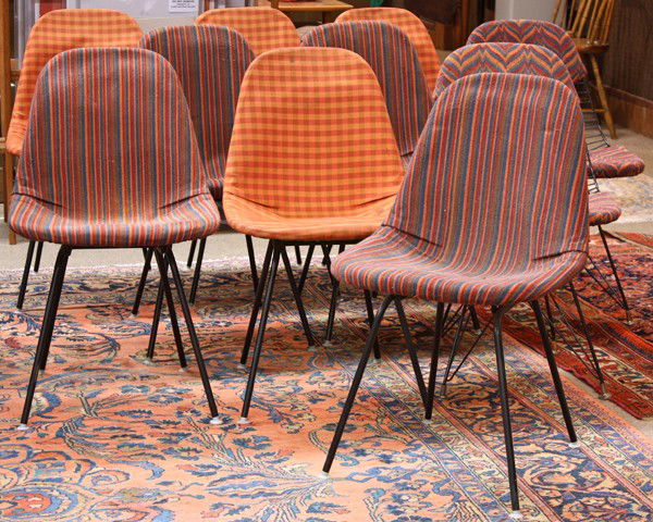 10 Charles & Ray Eames wire chairs, DKX-1, DKX-2: (lot of 10) Charles and Ray Eames upholstered wire DKX-2, DKX-1 chairs, circa 1950, two bikini DKX-2 chairs with eiffel tower bases, and eight DKX-1 wire chairs with tube legs, all chair frames have a