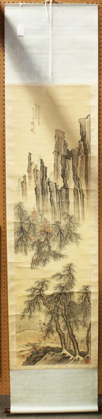 Chinese Scroll, Zheng Xu, Landscape: Chinese hanging scroll, Travelers in an Autumn Landscape, attributed to Zheng Xi (b.1858), ink and color on silk, the upper left bearing the signature 'Zheng Xu', cyclical date 'renwu', with three sea