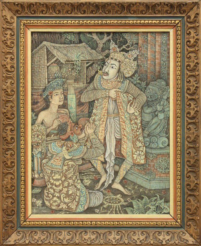 Balinese Painting, Figures: Framed Balinese painting, pigment on cloth; depicting a masked supplicant before a dancing figure in princely raiment, a musician to the left in front of a small shrine, a statue of Rangda to the righ