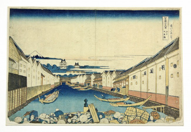 Japanese Woodblock Print, Hokusai, 36 Views: Unframed Japanese woodblock print, Katsushika Hokusai (1760-1849), from the series Fugaku sanjurokkei, entitled Edo Nihonbashi, early impression with a blue key-block outline, c. 1830-1834, published 