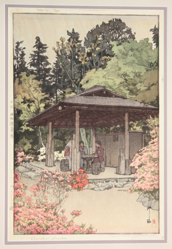 Japanese Modern Print, Hiroshi Yoshida: Japanese modern woodblock print, Azalea Garden [in English] and Tsutsuji no niwa (Azalea Garden) [in Japanese], (Abe #200), left margin with date Showa 10 (1935) and jizure notation, bottom margin wit