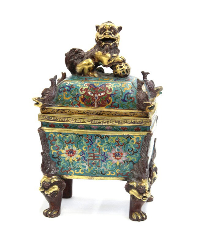 Chinese Cloisonne Enamel Ding-form Vessel: Chinese cloisonne enamel decorated archaistic vessel, cast as a square ding raised on four animal mask-and-paw partial gilt supports with feather-form flanges separating the cloisonne enamel panel of 