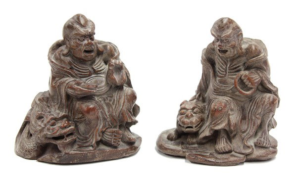 Chinese Bamboo Carving of Luohans: (Lot of 2) Chinese bamboo Buddhist figural carvings of luohan, the first featuring Nantimitolo/Qingyou Zunzhe (Jianglong luohan) clutching a sacred jewel and a holy bowl and accompanied by a dragon me