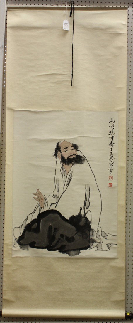 Chinese Scroll, Fan Zeng (after), Figure: Chinese hanging scroll, Damo, after Fan Zeng (b.1938), ink and color on paper, the upper right with cyclical date 'bingyin' and bearing signature 'bao chong zhai zhu shi yi Fanzeng), further with two 