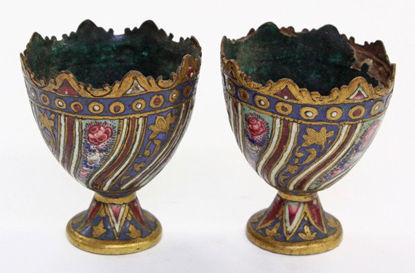 Continental egg cups: Pair of Continental egg cups showing hand enameled polychromed and gilt floral decoration, 2.5''h