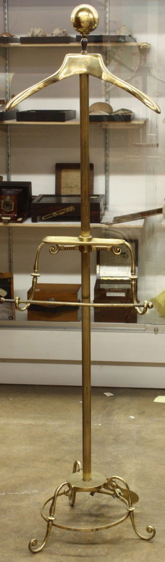 Brass floor standing butler: Brass ''Valet Stand'' with adjustable tray and shoe racks, 61''h x 17''w