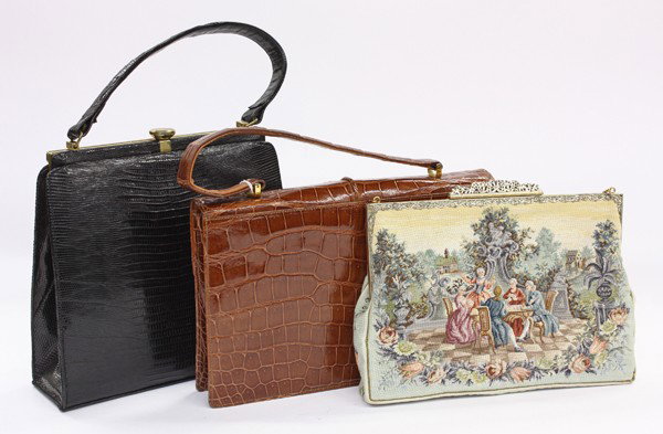 Lot of vintage purses: Three vintage purses including a lizard, faux crocodile, and an Austrian petit point showing an 18th century garden party, makers including Saks and Bellestone