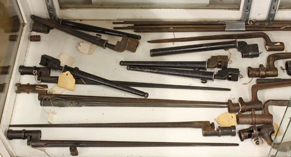 Military Bayonet Collection: (Lot of 22) Military bayonets, including France US 1873, French WWII, British 1876, some with scabbards, largest 26''