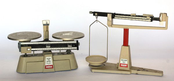 Two scales: Two vintage scales by Ohaus including a Harvard Trip Balance 2kg-5lb, and a Cento-Gram balance 311g