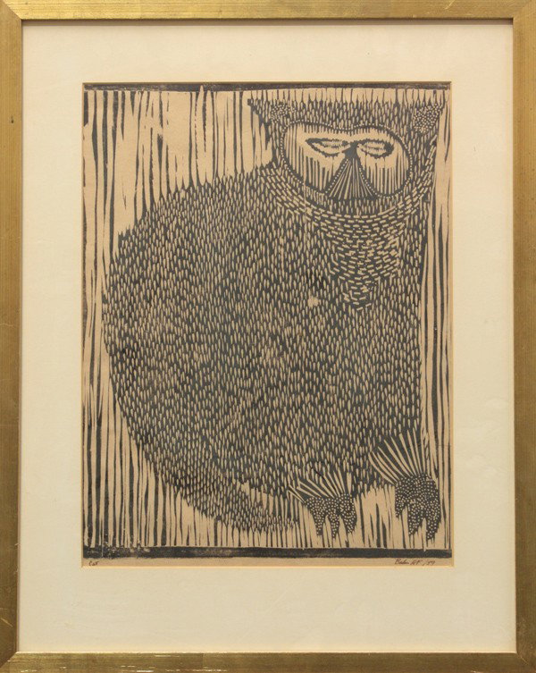 Prints, Two Owls and Cat, by Baker: (Lot of 2) Framed linocut prints, ''Two Owls'' and ''Cat,'' signed in pencil ''Baker'' lower right, each titled in pencil lower left, each edition AP/59, 20th century, largest overall: 32''h x 19''w
