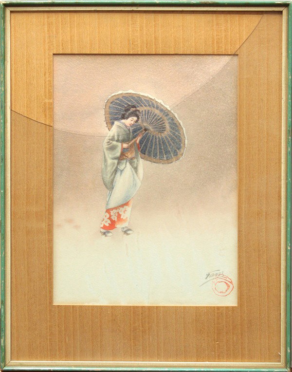 Watercolor, Geisha, Japanese, Tam: Framed watercolor, Geisha, 20th century, signed ''Tam'' and stamped lower right, overall: 18.25''h x 14.25''w