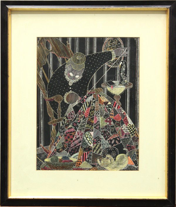 Painting, Tom Roberts, Quilting: Framed oil on paper, Quilting, by Tom Roberts (Californian, 20th century), overall: 20''h x 17''w. Note: Roberts is the former partner of well-known California painter Ralph Du Casse