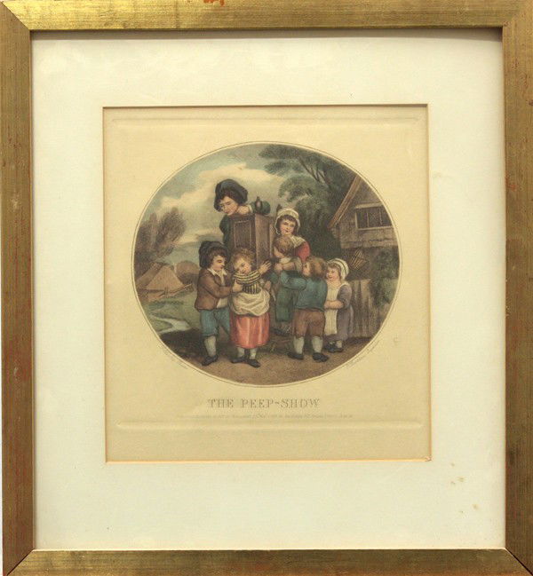 Engravings, After Francesco Bartolozzi: (Lot of 3) Framed needlepoint on colored silk, Hug, late 19th century, and two framed hand colored engravings, ''The Fair'' and ''The Peep Show,'' 20th century impressions, after Francesco Bartolozzi