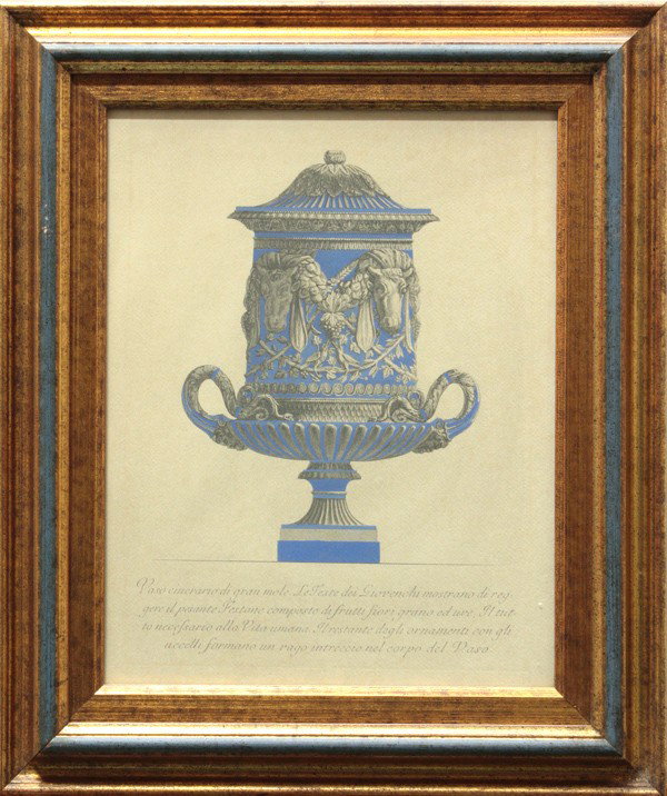 Lithographs, After Francesco Piranesi, Vases: (Set of 4) Framed hand colored lithographs, Vases, after Francesco Piranesi (Italian, 1758-1810), label affixed verso, overall: 18.75''h x 15.75''w