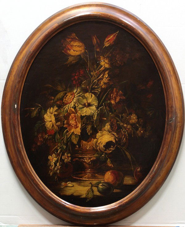 Paintings, Floral, British: Pair of framed oils on oval canvas, Florals with Fruit, British School, late 19th century, overall: 34''h x 28.25''w each