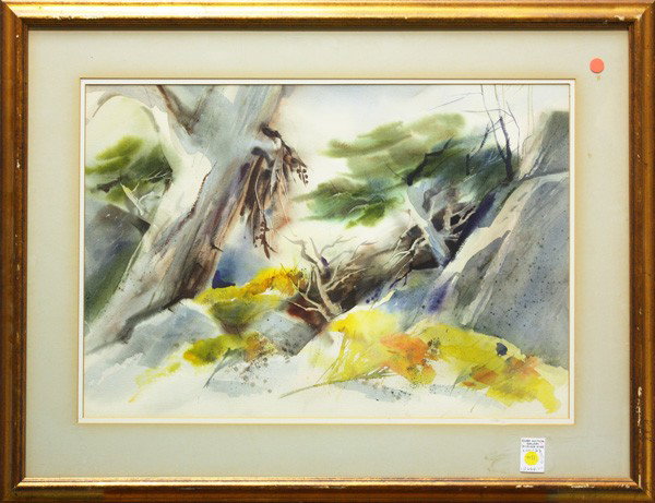 Watercolor, Vernon Nye, Asian Harbor Scene: (Lot of 2)Framed watercolors on paper, Asian Harbor Scene, by Vernon Nye (Californian, b.1915), signed ''Vernon Nye AWS'' lower right, and Birch, American School, 20th century, unsigned, largest overa