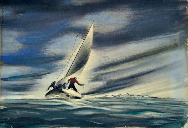 Pastel, in the manner of Thomas Hart Benton: Framed pastel, watercolor, gouache and pencil on board, Approaching Storm, in the manner of Thomas Hart Benton (American, 1889-1975), bears signature and date lower right, overall: 13.5''h x 19.75''w