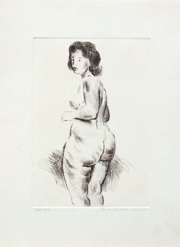 Etching, Raphael Soyer, Nude: Unframed etching, Nude, by Raphael Soyer (American, 1899-1987), pencil signed ''Raphael Soyer'' lower right, numbered edition of 30 lower left, overall: 15''h x 11''w