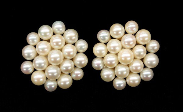 Cultured pearl white gold ear clips: Cultured pearl rosette cluster ear clips; 14k white gold. Total ear clips weight 19.4 grams
