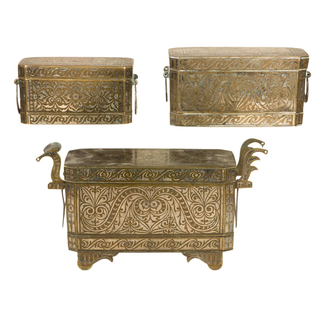(Lot of 3) Southeast Asian silver inlaid bronze betel nut boxes (1 of 5)