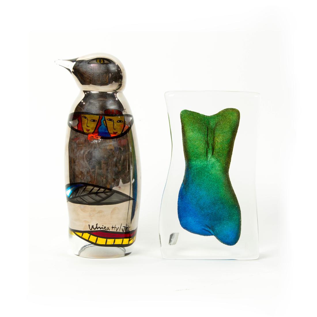 (lot of 2) Scandinavian art glass penguin and plaque: (lot of 2) Scandinavian art glass penguin and plaque, the first Urica Hydman-Vallien for Kosta Boda penguin, 8.5"h; the second Erik Hoglund for Maleras plaque of a nude torso, 6.75"h.