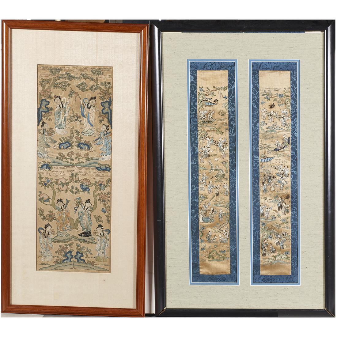 (2) Pairs of Chinese embroidered figural sleeve bands: (2) Pairs of Chinese embroidered figural sleeve bands, one pair featuring four celestial beauties in a garden setting, with scrolling clouds and large garden rocks, another pair decorated with the Hun