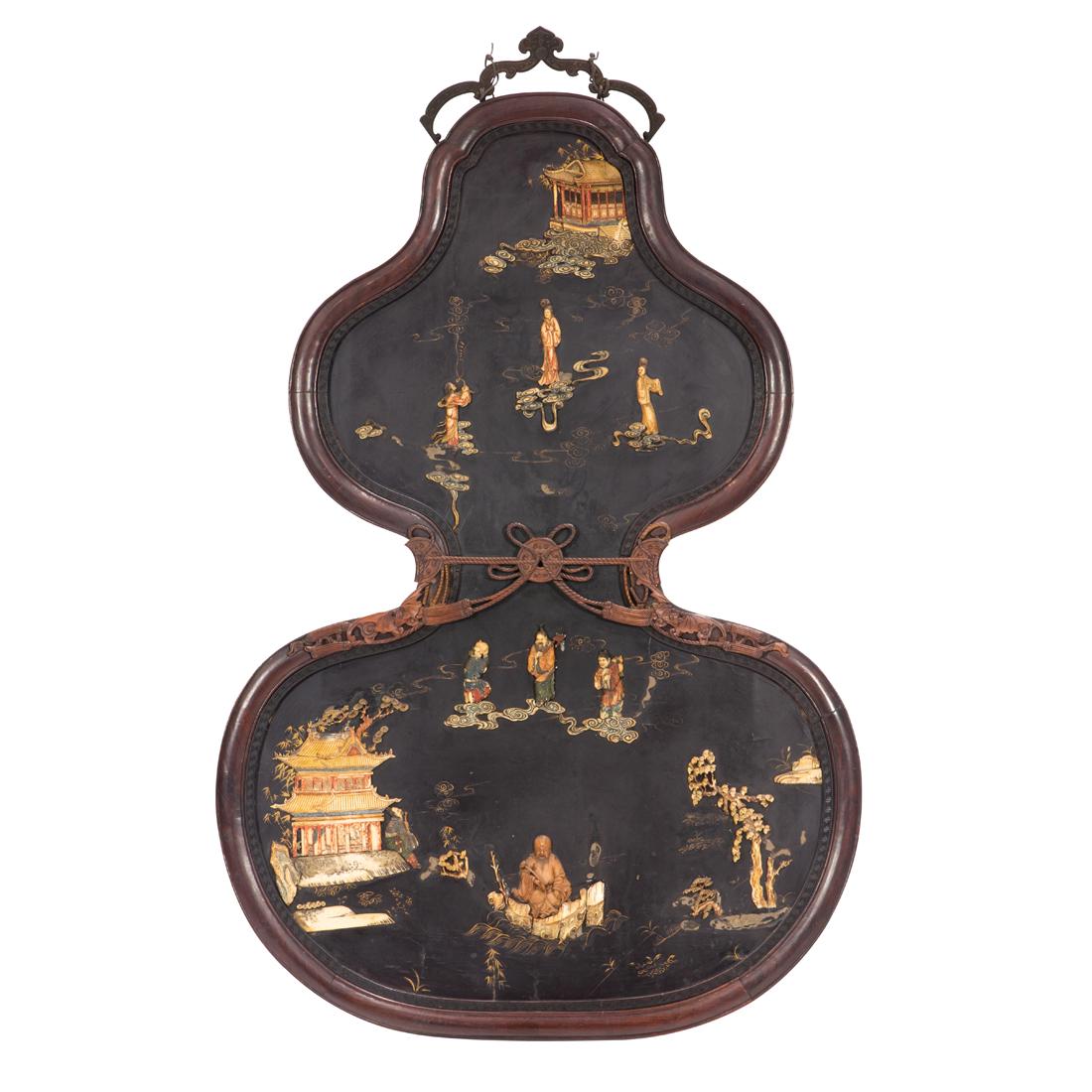 Large Chinese inlay-decorated hardwood 'double gourd' wall panel: Large Chinese inlay-decorated hardwood 'double gourd' wall panel, the wood frame formed as a ribboned double gourd, carved with bats suspending coins further decorated with leiwen borders, the upper a