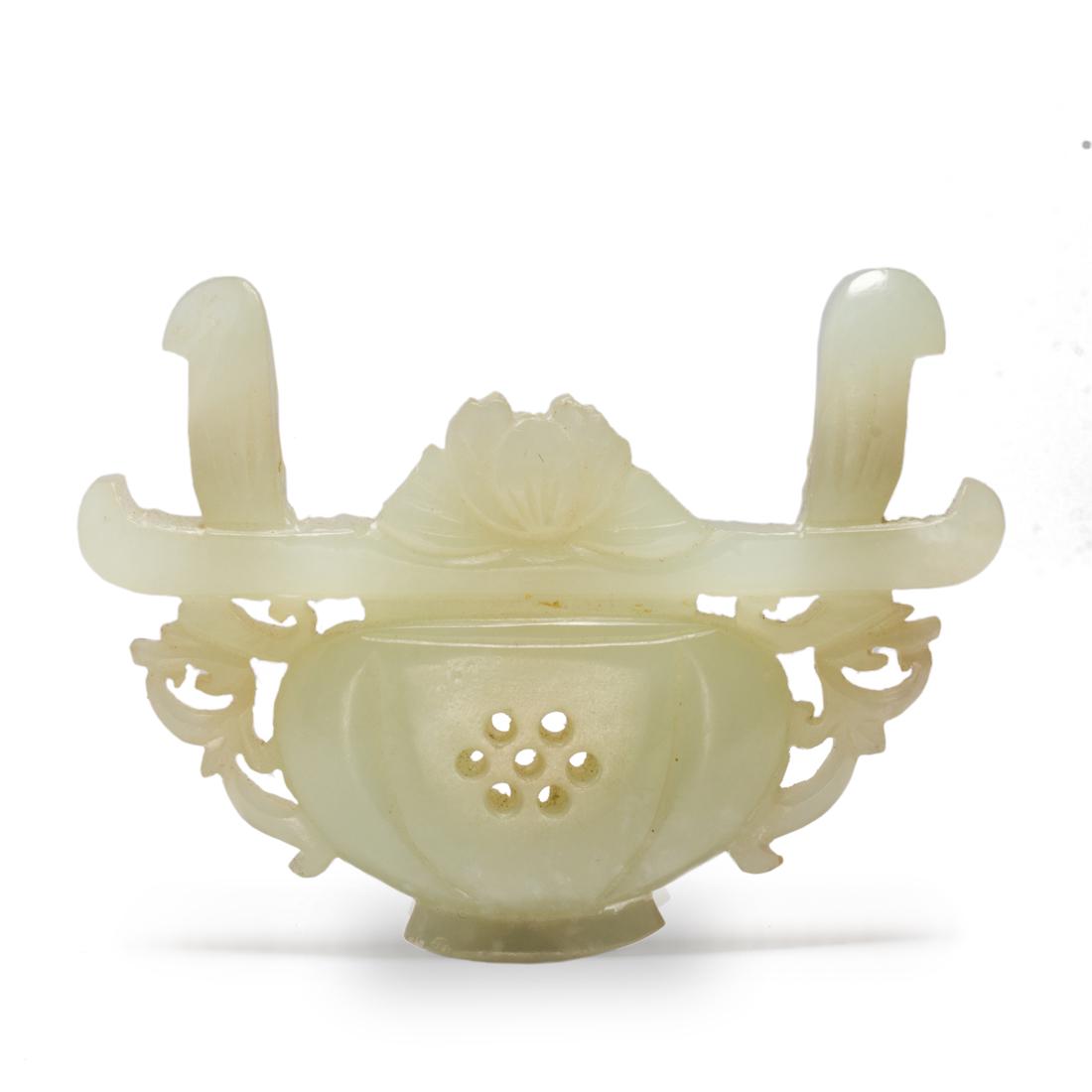 Chinese white jade 'basket' pendant: Chinese white jade 'basket' pendant, carved on both sides to depict a lobbed basket with a pair of handles containing a lotus flower, 2.375"w.