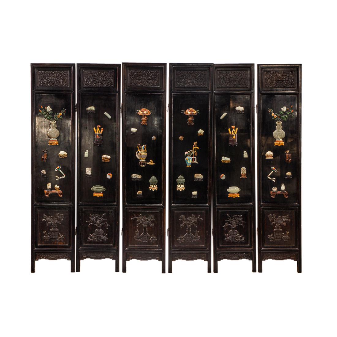 Chinese six-panel folding screen with jade and hardstone inlay (1 of 4)