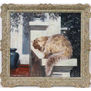 Painting, Denes De Holesch: Denes De Holesch (Hungarian, 1910-1983), Untitled (Cat), oil on board, signed lower right, overall (with frame): 27.5"h x 29.5"w