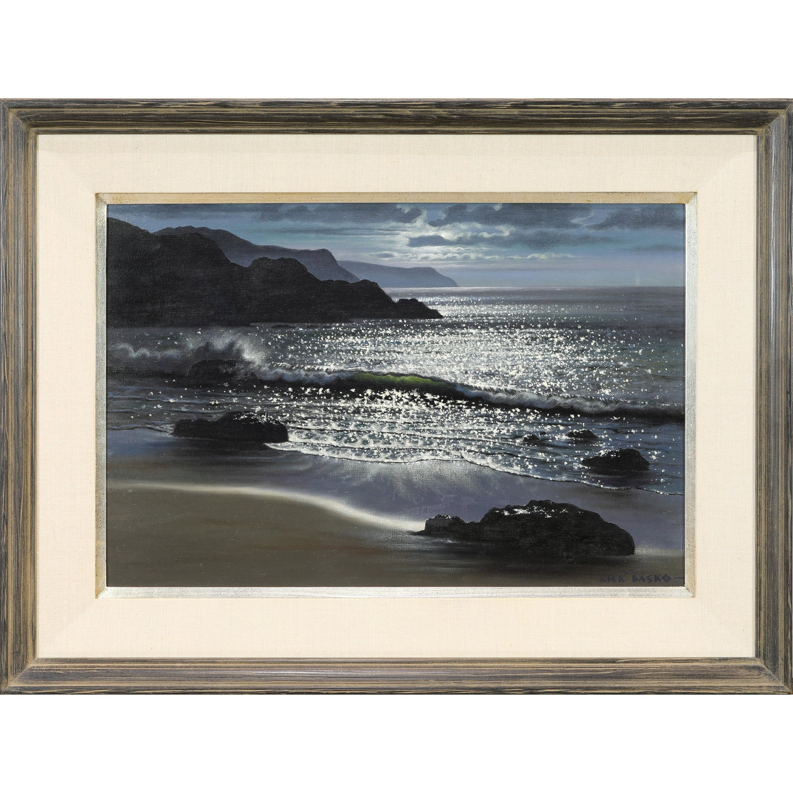 Painting, Nick Pasko: Nick Pasko (American, 20th century), Seascape at Midnight, oil on canvas, signed lower right, overall (with frame): 24"h x 32"w