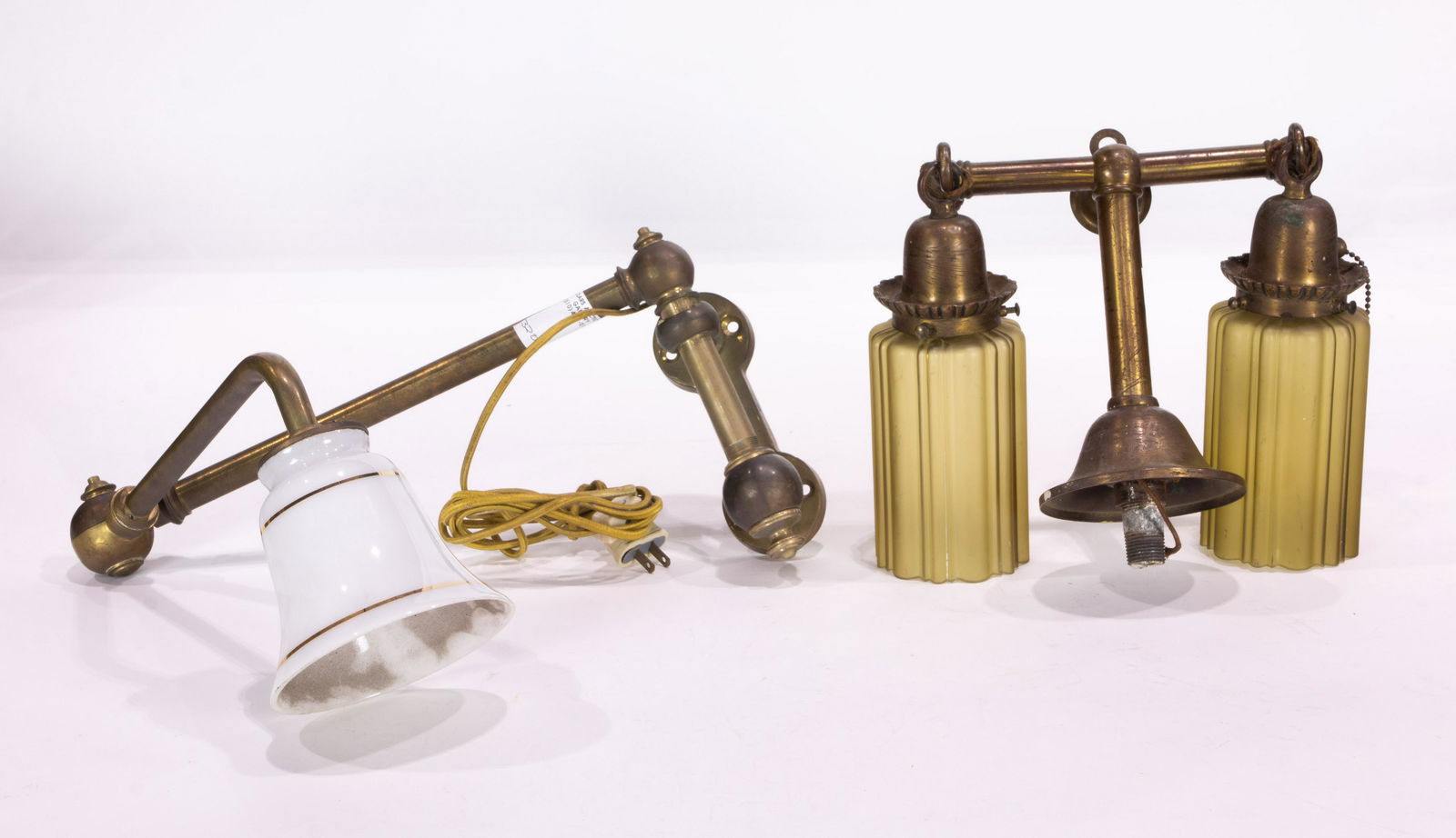 (lot of 2) Brass and glass two-light hanging fixture and swing arm wall light (1 of 1)