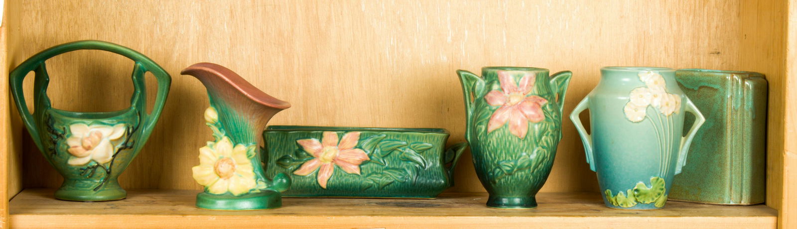 Three Roseville green ground art pottery items (1 of 1)