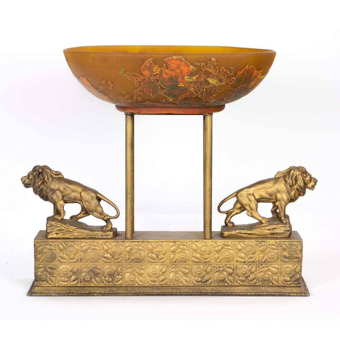 Art Nouveau style enamel glass and gilt metal centerpiece: Art Nouveau style enamel glass and gilt metal centerpiece, post 1950, glass with spurious Daum Nancy mark, 15.25"h x 17.5"w x 11.25"d. Provenance: Property of a prominent Hillsborough, CA estate.