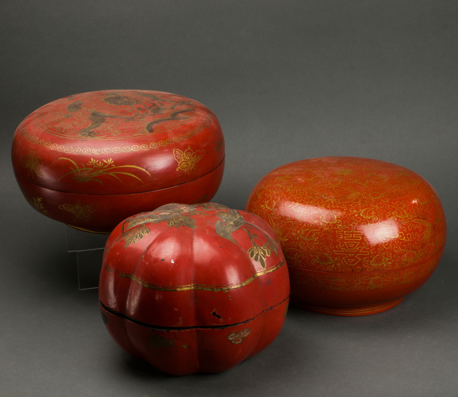 (lot of 3) Chinese red and gilt lacquer boxes (1 of 4)