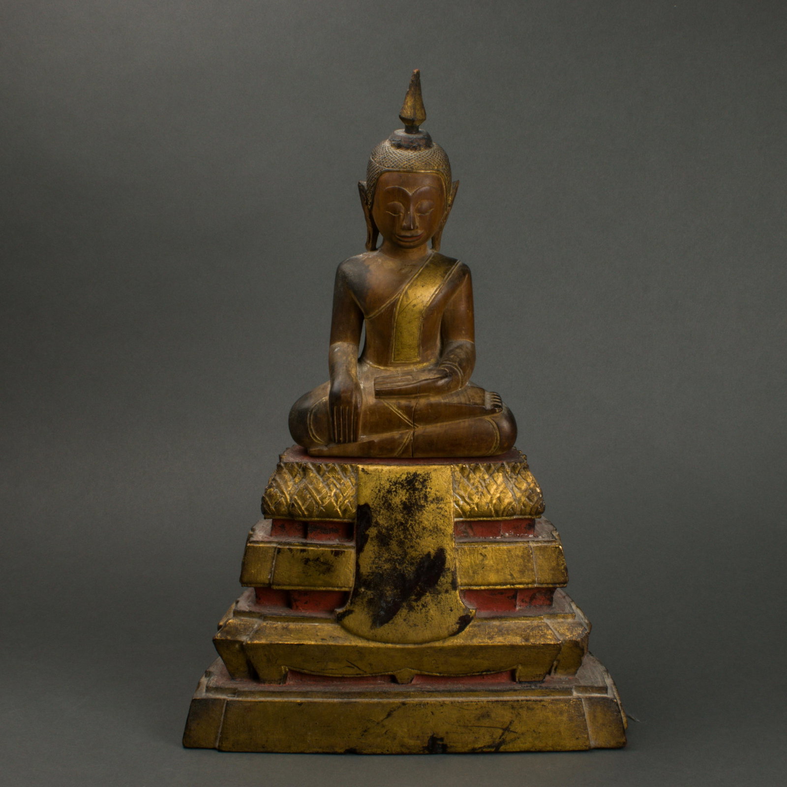 Burmese gilt wood figure of Buddha: Burmese gilt wood figure of Buddha, 16.5"h.