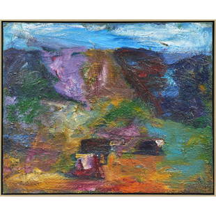 Painting, Terry St. John: Terry St. John (American, b. 1934), "Mt. Diablo Ranch," 1995, oil on canvas, signed, titled, gallery labels verso, canvas: 30"h x 36"w, overall (with frame): 31"h x 37"w