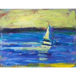 Painting, Terry St. John: Terry St. John (American, b. 1934), "Boat, Yellow Sky," 1992, oil on masonite, signed, titled, and dated verso, gallery and exhibition label attached verso, board: 13"h x 17"w, overall (with frame):