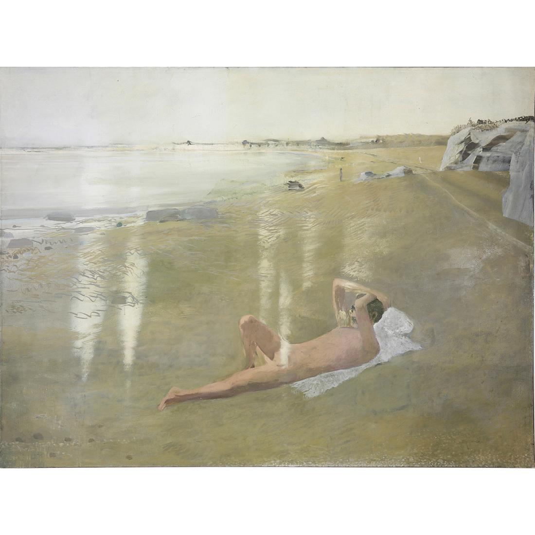 Painting, Walter Snelgrove: Walter Snelgrove (American, 1924-1952), "Nude on Beach (Baker Beach)," oil on canvas, signed verso, title label affixed verso, canvas: 56.75"h x 76"h, overall (with frame): 57"h x 77"w
