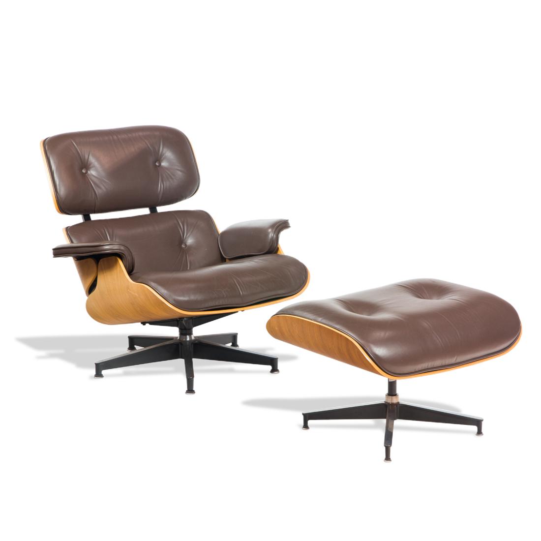Charles and Ray Eames, 670 Lounge Chair, and 671 Ottoman: Charles and Ray Eames, 670 Lounge Chair, and 671 OttomanHerman Miller, USA, later production, leather, molded plywood, chair: 32"h x 33.5"w x 35"d