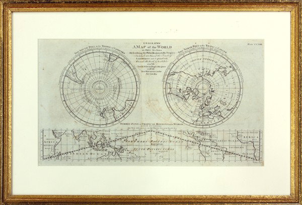 Map of the World, Bell, 1778: Map, double hemisphere, a Map of the World in three Sections, London 1778, Describing the Polar Regions to the tropics which trace the travels of Lord Mulgrave and Captain Cook, the map depicts their 