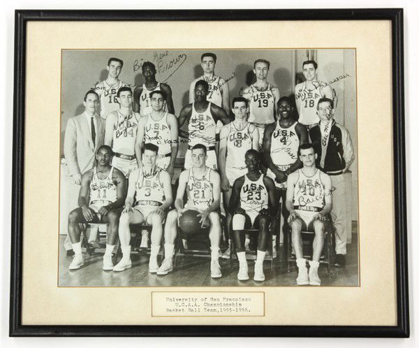 USF Bill Russell autograph: Bill Russell autographed photograph, University of San Francisco, U.C.A.A. Championship Team, 1955-1956, together with signatures of Bill Russell's teammates, sight: 7.5''h x 9.5''w, overall: 10.5''h
