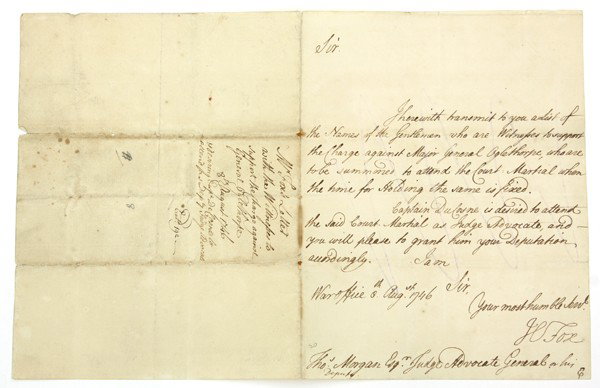 Fox signed letter, charging Oglethorpe: Henry Fox, 1st Baron Holland, MP, PC (1705 - 1774), signed letter, War Office 8th August 1746, addressed to the Judge Advocate General of Great Britain, charging and supporting the court marshall of G