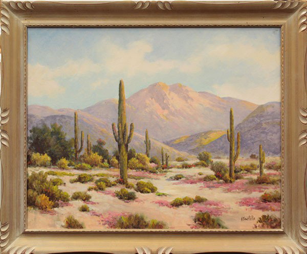 Painting, Herbert Sartelle,: Framed oil on canvas, Desert Landscape, by Herbert Sartelle (Californian, 1885-19550, signed ''H. Sartelle'' lower right, canvas: 24''h x 30''w, overall: 29.5''h x 35.5''w